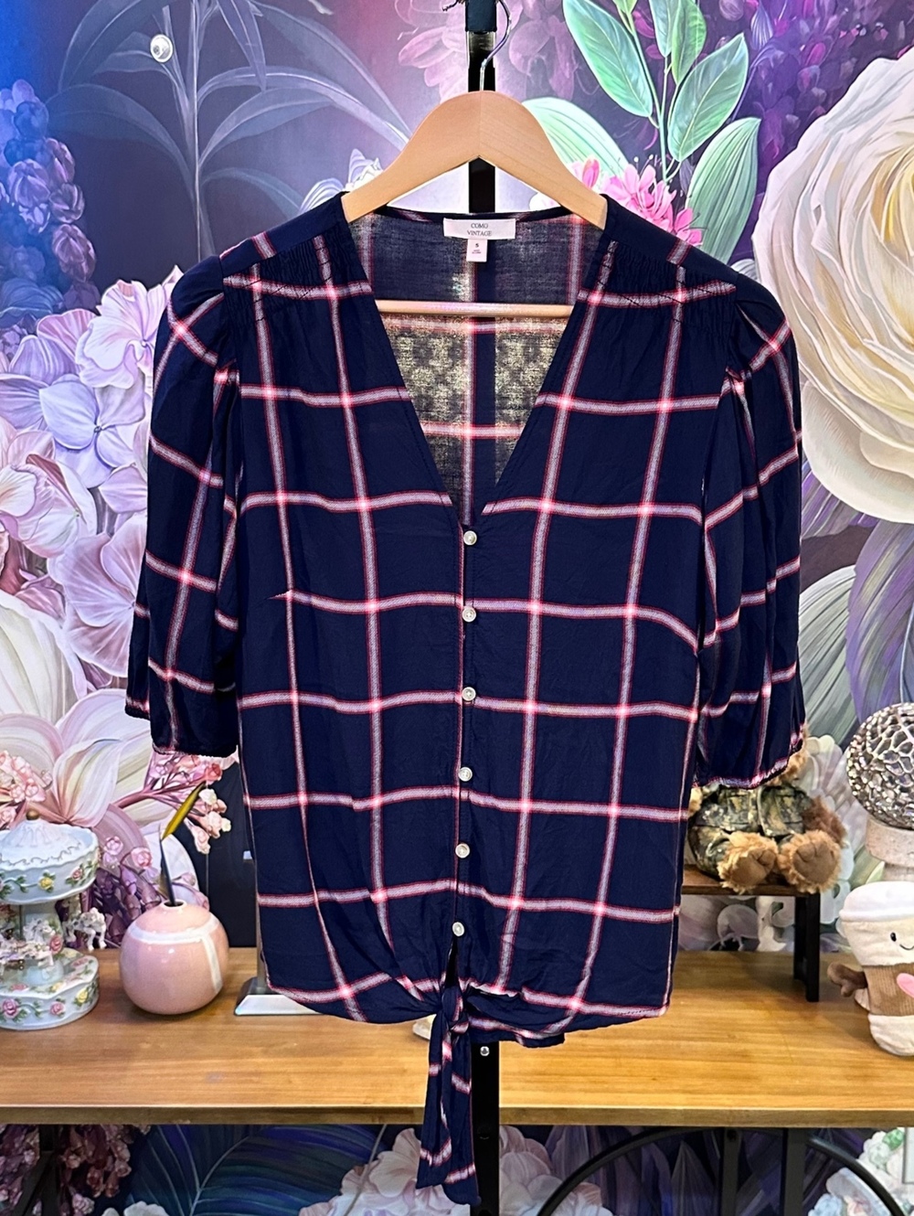 Como Vintage Women's Button Front Tie Hem Blouse Small Navy Pink Plaid Rayon